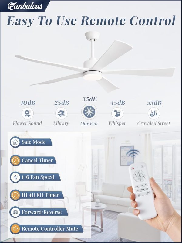 60 Inch Ceiling Fans with Lights and Remote, White Modern Plug in Ceiling Fan with 6 Speeds,Bright LED Light,Reversible Quiet DC Motor for Bedroom,Living Room