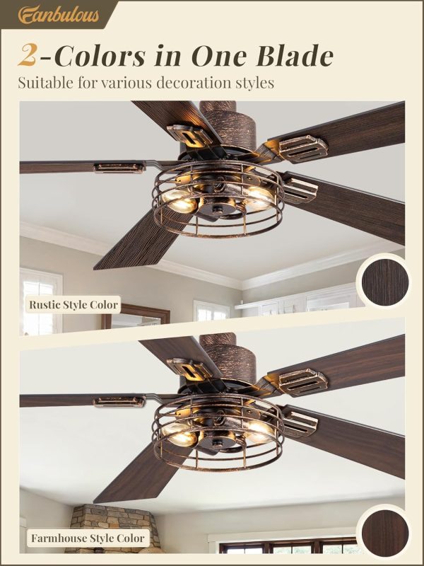 1 Pack Farmhouse 42 Inch Ceiling Fans with Lights, Industrial Caged Ceiling Fans for Bedroom Living Room, Double-Sided 5 Blades Rustic Ceiling Fan-Black Gold