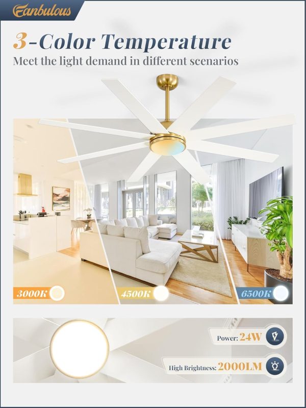 65 Inch Ceiling Fans with Lights and Remote, Gold Indoor/Outdoor Ceiling Fan with Quiet Reversible DC Motor, 6 Speeds, 3CCT, 8 Blades Large Ceiling Fan for Living Room Bedroom Patio