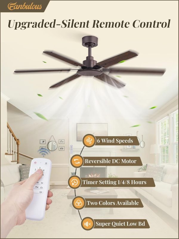 Ceiling Fan No Light, 48 Inch Indoor/Outdoor 6 Blades Ceiling Fan with Remote, 6-Speeds, Quiet Reversible DC Motor, Fans Without Light for Tilted Ceiling/Bedroom/Living Room/Patios