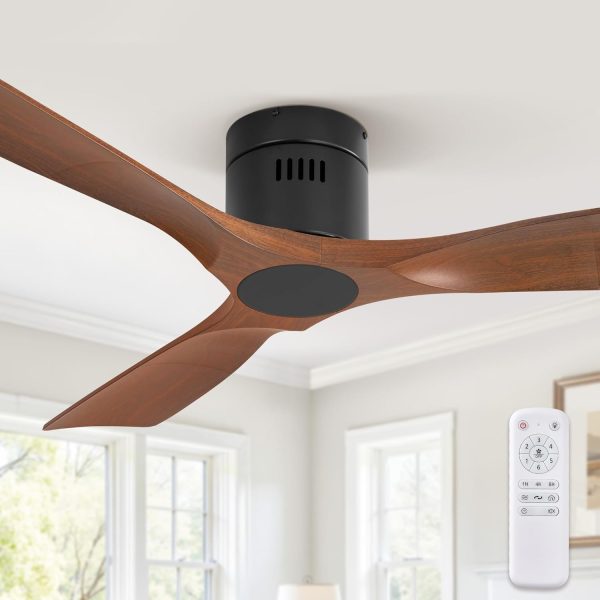Ceiling Fans Without Lights, Flush Mount Ceiling Fan with Remote Control Modern,Low Profile Ceiling Fans with 6-Speeds Reversible DC Motor for Patio Living Room Bedroom(Walnut)