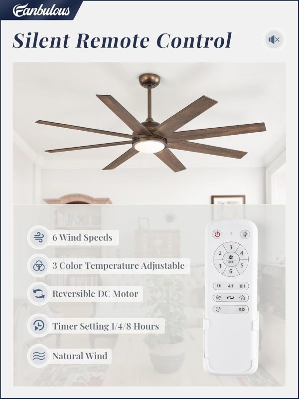 Ceiling Fans with Lights, 60 inch Large Ceiling Fan with Light and Remote, Outdoor Bronze Ceiling Fan for Living Room Patio, 6 Speeds, Reversible Quiet DC Motor, 3 CCT, Bi-Color 8 Blades