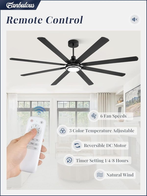 84 Inch Ceiling Fans with Lights and Remote, Black Ceiling Fan with 8 Dual-Color Blades, Indoor/Outdoor Large Ceiling Fans, Reversible DC Motor, 6-Speed, 3CCT for Living Room Kitchen Patio