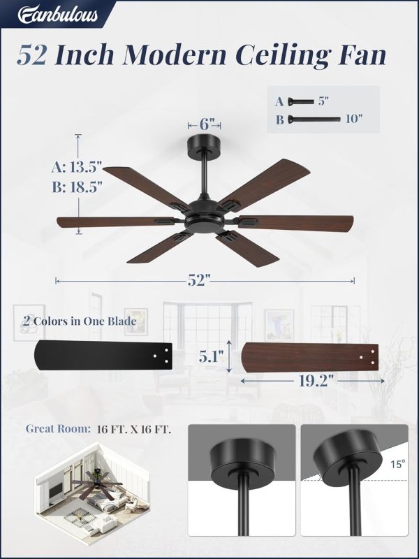 52 Inch Ceiling Fans No Light with Remote, Modern Ceiling Fan Without Light, Dual Finish 6 Blades, Reversible Quiet DC Motor, 6 Speed, Large Ceiling Fan for Indoor or Covered Outdoor, Black