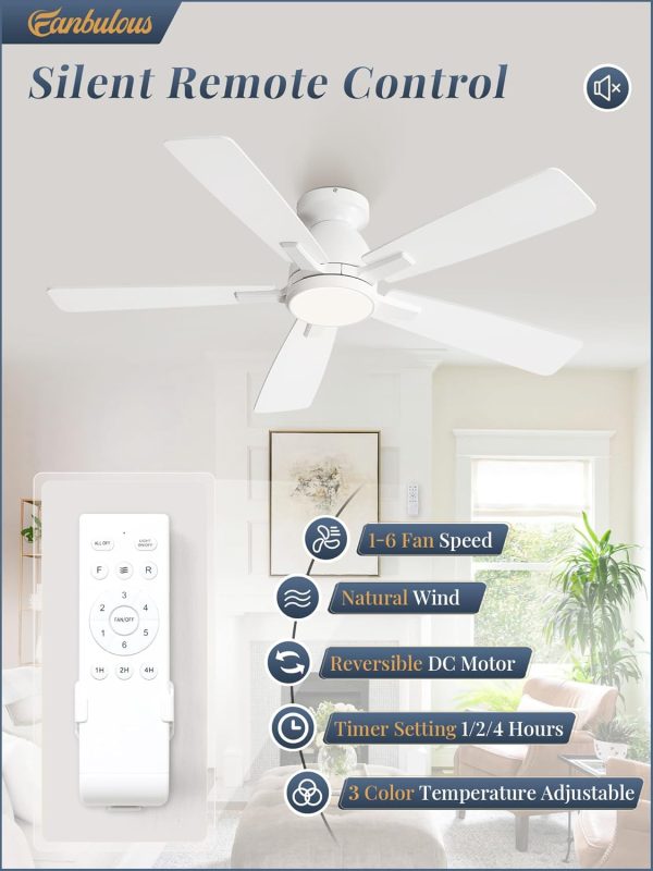 46 inch Ceiling Fans with Lights, Flush Mount Ceiling Fan and Remote, Modern Low Profile, 3CCT 20W LED Light with 6-Speeds Quiet Reversible Motor, for Bedroom, Living Room, Apartment, White