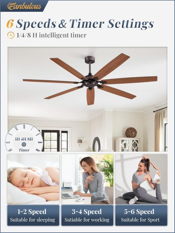 72 Inch Ceiling Fan No Light with Remote Control, Brown Ceiling Fans Without Light With 6-Speeds Quiet Reversible DC Motor, Indoor/Outdoor Ceiling Fan with Dual Finish 7 Blades for Patio Living Room