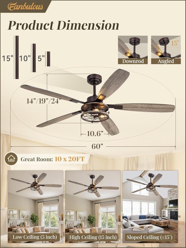 60 Inch Farmhouse Ceiling Fan with Light and Remote, Oil Bronze Industrial Flush Mount Ceiling Fans with 6 Speed Reversible Motor and Dual Finish 5 Blades, Rustic Ceiling Fan for Living room, Bedroom