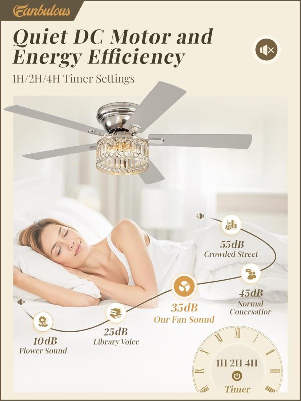 56 Inch Fandaliers Ceiling Fan with Remote Control, Brushed Nickel Modern Ceiling Fan with Light, 6-Speeds, Quiet Reversible DC Motor, Ceiling Fans Chandeliers for Bedroom, Living Room