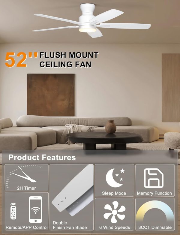 Ceiling Fans with Lights, Low Profile Ceiling Fan with Light and Remote/APP Control, Modern Flush Mount Ceiling Fan for Indoor Bedroom Living Room, Dimmable, Qiuet DC Motor, White