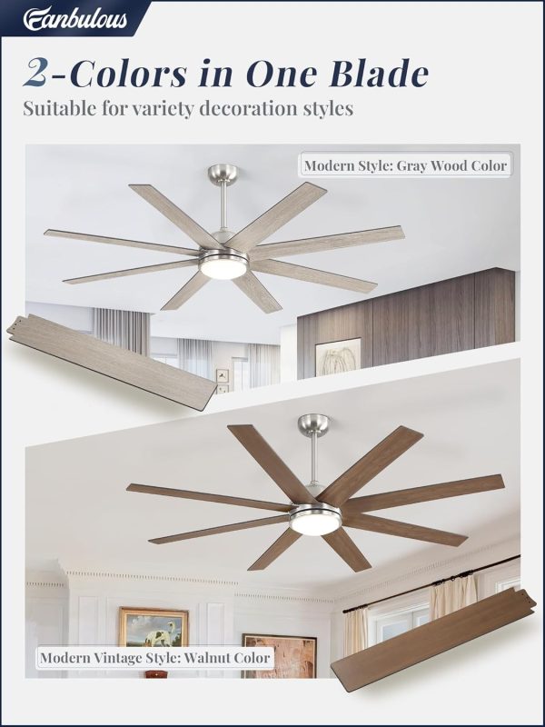65 Inch Ceiling Fans with Lights and Remote, Brush Nickel Indoor/Outdoor Ceiling Fan with Quiet Reversible DC Motor, 6 Speeds, 3CCT, 8 Blades Large Ceiling Fan for Living Room Bedroom Patio