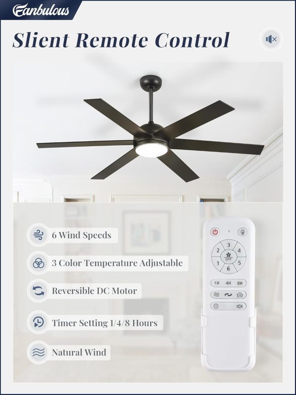 58 Inch Ceiling Fans with Lights and Remote, Black Indoor/Outdoor Ceiling Fan with Quiet Reversible DC Motor, 6 Speeds, 3CCT, 6 Blades Large Ceiling Fan for Living Room Bedroom Patio