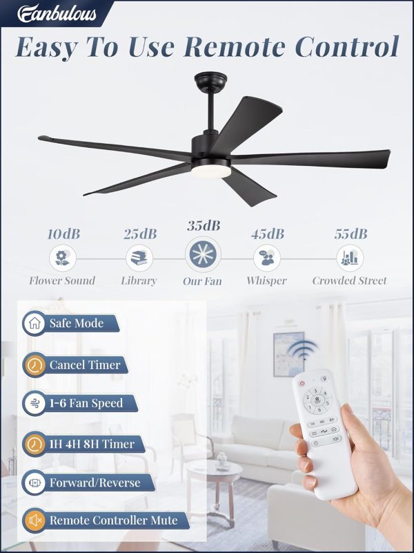 60 Inch Ceiling Fans with Lights and Remote, Black Modern Plug in Ceiling Fan with 6 Speeds,Bright LED Light,Reversible Quiet DC Motor for Bedroom,Living Room