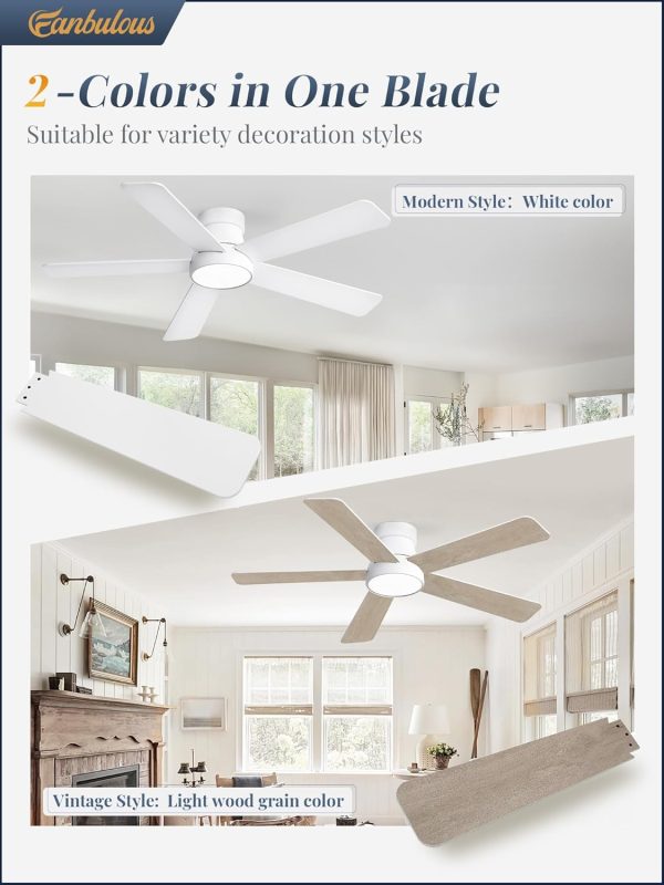 48 Inch Ceiling Fans with Lights and Remote,Outdoor Indoor Modern Flush Mount Ceiling Fan with 3CCT 6-Speed Quiet DC Motor,Black Small Low Profile Ceiling Fan for Bedroom Living Room Office(White)