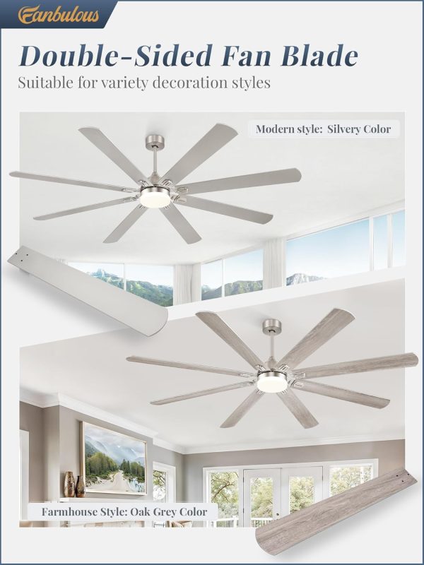 80 Inch Ceiling Fans with Lights,Nickel Modern Ceiling Fan with Remote,Large Farmhouse Indoor & Outdoor Ceiling Fan with 8 Dual Finish Blades, Quiet DC Motor, Bright LED Light