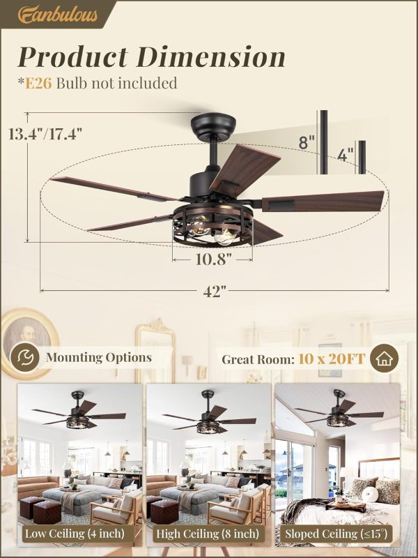 Farmhouse Ceiling Fans with Light, 42 Inch Bedroom Ceiling Fan with Lights, 6-Speed Adjustable, Quiet and Reversible DC Motor, Dual Finish 5 Blades, Rustic Caged Ceiling Fan for Living Room