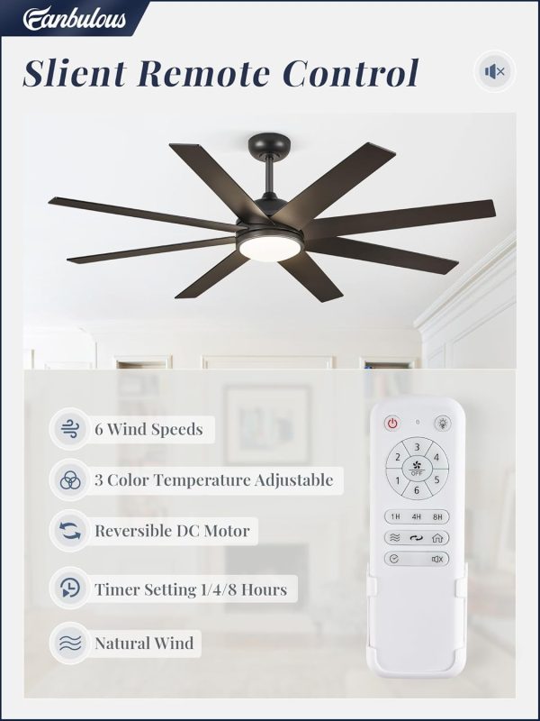 Ceiling Fans with Lights, 60 inch Black Ceiling Fan with Light and Remote, Outdoor Ceiling Fans for Living Room Patio, 6 Speeds, Reversible Quiet DC Motor, 3 CCT, Bi-color 8 Blades