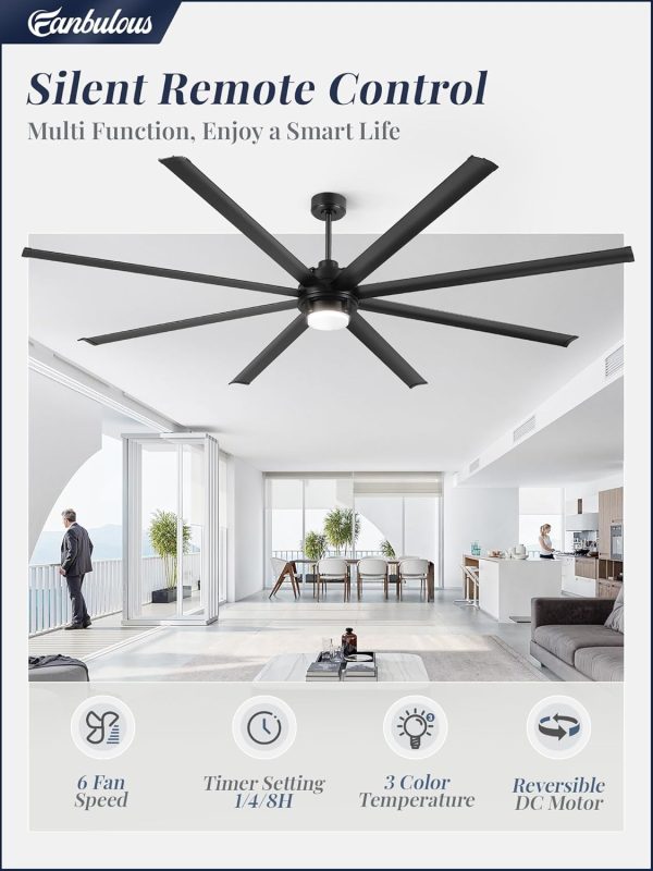 100 Inch Large Ceiling Fans with Lights and Remote,Outdoor Industrial Ceiling Fan with 8 Aluminum Blades DC Motor and 6-Speed,Black Big Assed Ceiling Fan for Shop Porch Garage Living Room