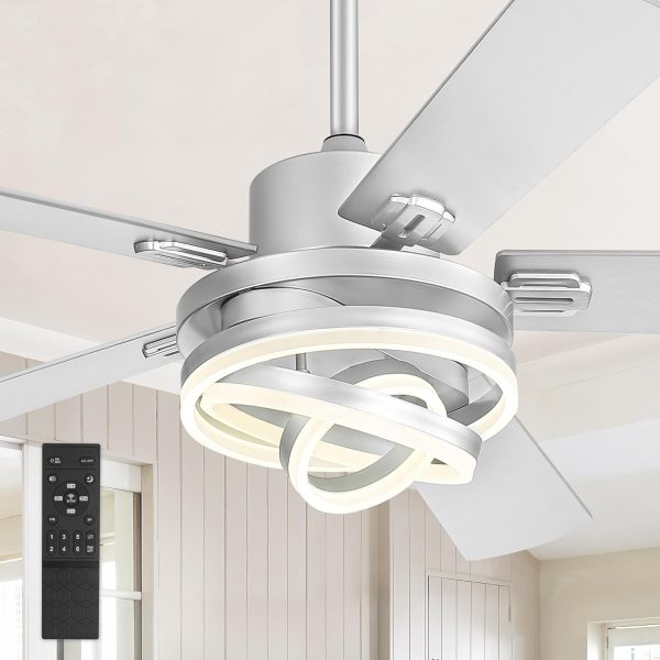 Modern Ceiling Fans with Lights,Silver Chandelier Fan with 6-Speed Dimmable LED and Quiet Reversible DC Motor,Rustic Fandelier Ceiling Fan with 5 Dual Finish Blades for Bedroom Living Room
