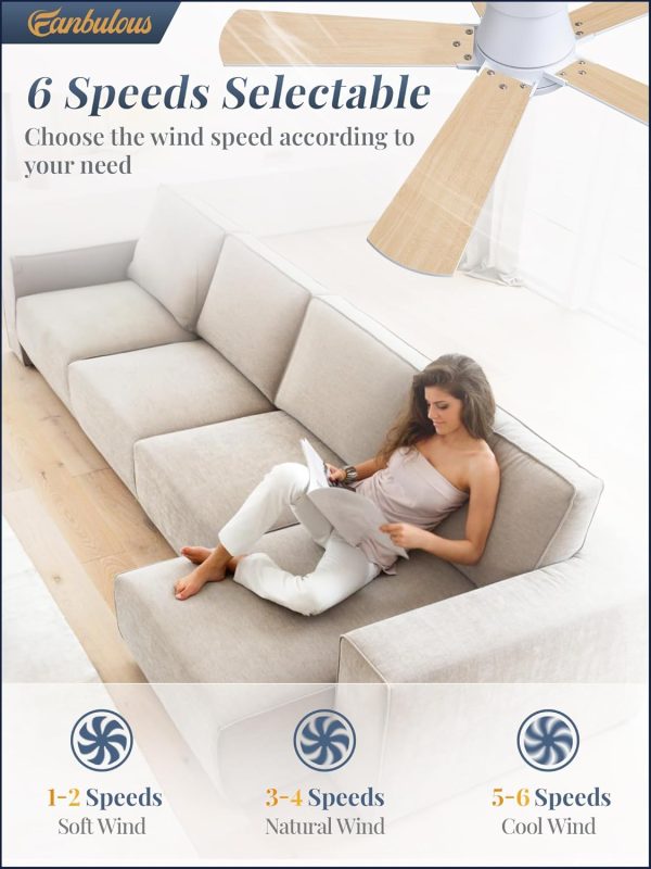 Ceiling Fans with Lights and Remote, 42 inch Low Profile Flush Mount Ceiling Fan,White Modern Ceiling Fan with LED Light for Bedroom Indoor Outdoor-5 Reversible blades, 3CCT, 6 Speeds, Timer