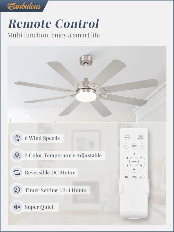 62 Inch Ceiling Fans with Lights,Nickel Modern Ceiling Fan with Remote Large Farmhouse Indoor & Outdoor Ceiling Fan with 8 Dual Finish Blades, Quiet DC Motor, Bright LED Light