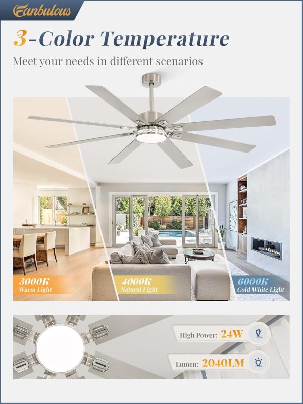 72 Inch Large Ceiling Fans with Lights, Farmhouse Ceiling Fan with Light and Remote, Dual Finish 8 Blades, Reversible DC Motor, 3CCT, 6 Speed, Modern Ceiling Fan for Living Room, Nickel