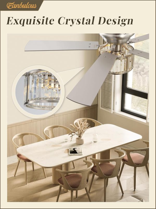 56 Inch Modern Crystal Chandelier Fan, Brushed Nickel Fandelier Ceiling Fan with Light, 6-Speeds, Quiet Reversible DC Motor, Flush Mount Ceiling Fan with Lights for Bedroom, Living Room