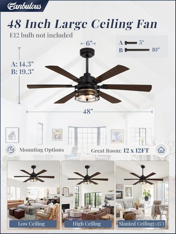 Farmhouse Ceiling Fans with Lights and Remote,Industrial Large Ceiling Fan with 6-Speed Reversible DC Motor and 6 Dual Finish Blades,Black Ceiling Fan with Light for Living bedroom Patio
