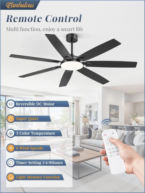 62 Inch Large Ceiling Fans with Lights and Remote, Black Modern Ceiling Fan with 3CCT LED Light, Quiet DC Motor,Indoor/Outdoor Ceiling Fan with 7 Dual Finish Blades for Living Room, Patio