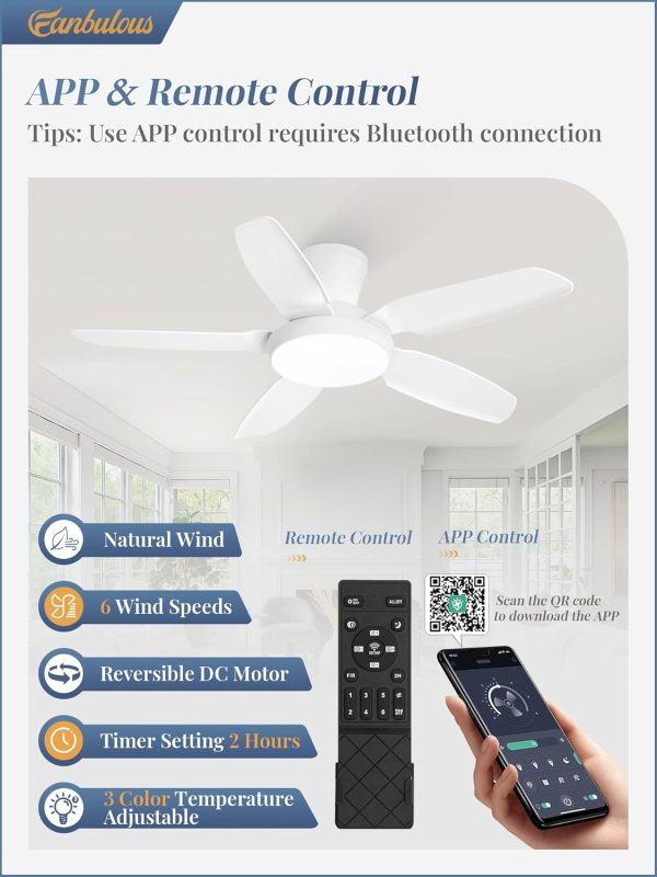 Ceiling Fans with Lights, 42 inch Low Profile Flush Mount Ceiling Fan with Remote/APP Control,Black Modern Ceiling Fan with LED Light for Bedroom Indoor Outdoor-LED Dimmable, 3CCT, 6 Speeds