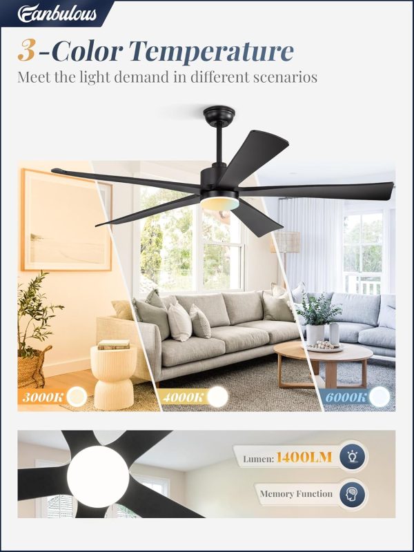 60 Inch Ceiling Fans with Lights and Remote, Black Modern Plug in Ceiling Fan with 6 Speeds,Bright LED Light,Reversible Quiet DC Motor for Bedroom,Living Room