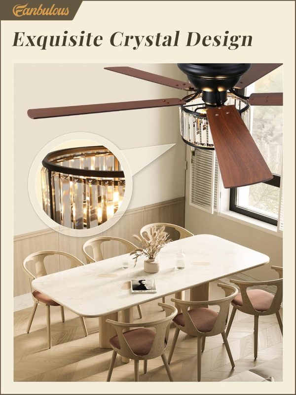 56 Inch Farmhouse Chandelier Ceiling Fan with Remote Control, Black Indoor Crystal Ceiling Fan with 6-Speeds, Quiet Reversible DC Motor, Flush Mount Ceiling Fans with Lights for Bedroom, Living Room