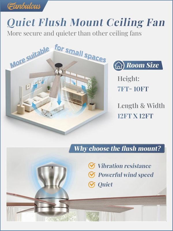 48 Inch Flush Mount Ceiling Fans without Lights, Brushed Nickel Modern Ceiling Fan no Lights, 6-Speeds, Quiet Reversible DC Motor, Indoor/Outdoor Ceiling Fans for Patios, Living Room, Bedroom