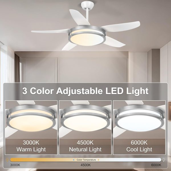 Fandelier Ceiling Fan with Light - Modern Ceiling Light Fixture with Fan and Remote, 3 Colors LED Ceiling Fan for Outdoor Patio Kitchen, Brushed Nickel & White