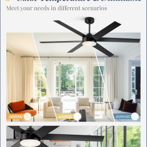 Ceiling Fans with Lights and 62" Ceiling Fans no Light, Indoor or Covered Outdoor Ceiling Fans for Patios, 6 Speed, DC Motor Large Ceiling Fan