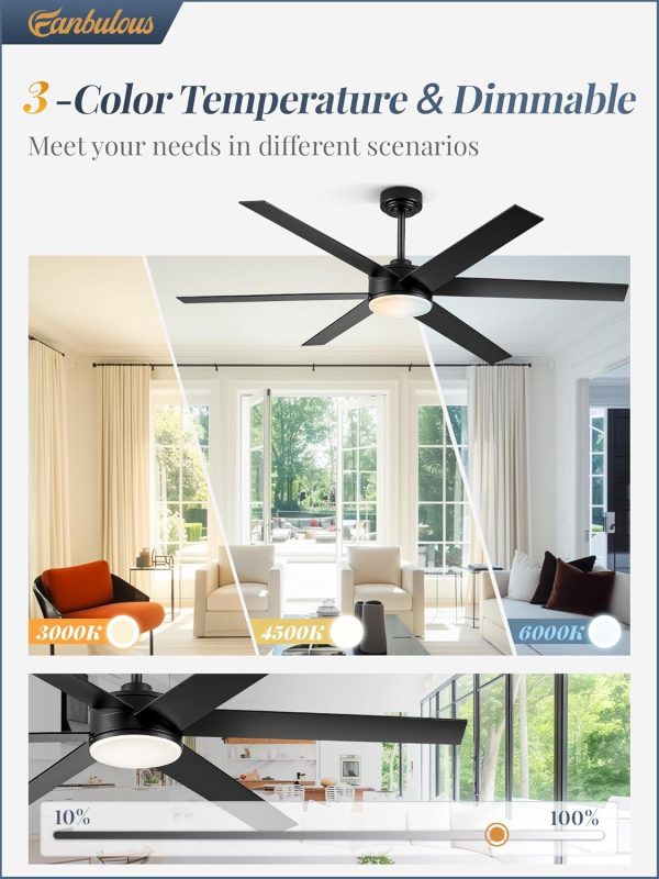 Ceiling Fans with Lights and 62" Ceiling Fans no Light, Indoor or Covered Outdoor Ceiling Fans for Patios, 6 Speed, DC Motor Large Ceiling Fan