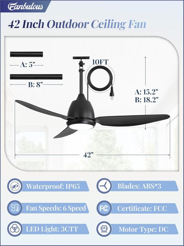 42 In Outdoor Ceiling Fan with Light, Plug-in Ceiling Fans with Waterproof IP65, Smart APP Remote Control, 6-Speed DC Motor, Dimmable 3CCT, Hanging Fans with Cord for Gazebo Patio Porch (Black)