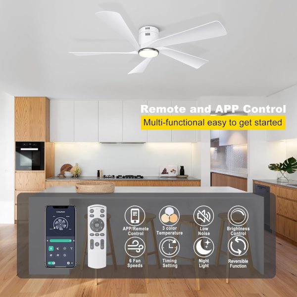 52 Flush Mount Ceiling Fan with Lights, Remote & APP Control Low Profile Indoor Outdoor Ceiling Fans, Dimmable, Quiet DC Motor, Reversible, White