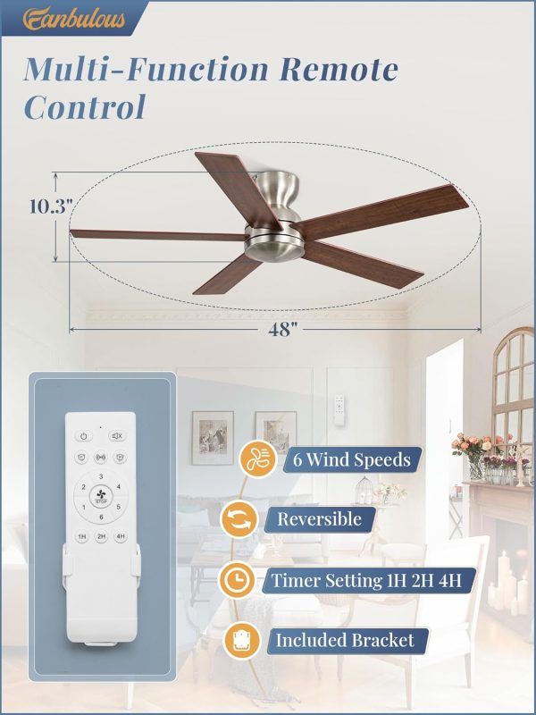 48 Inch Flush Mount Ceiling Fans without Lights, Brushed Nickel Modern Ceiling Fan no Lights, 6-Speeds, Quiet Reversible DC Motor, Indoor/Outdoor Ceiling Fans for Patios, Living Room, Bedroom