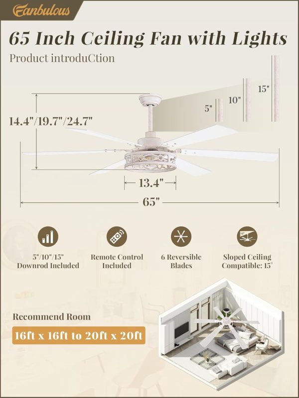 65 Inch Ceiling Fan with Lights, Farmhouse Caged Ceiling Fans with Remote, White Industrial Ceiling Fans with Quiet Reversible DC Motor, Large Ceiling Fan for Living room, Bedroom