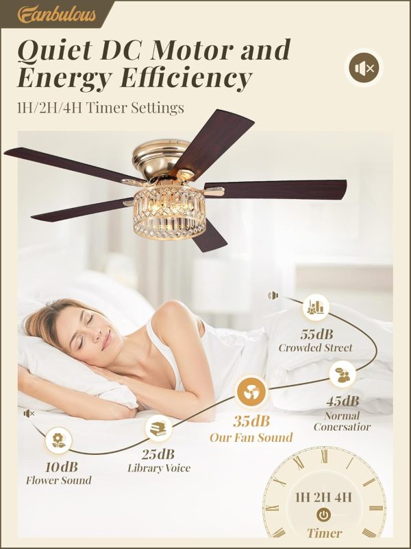 56 Inch Modern Farmhouse Fandelier Ceiling Fans with Lights, Gold Crystal Ceiling Fan with 6-Speeds, Quiet Reversible DC Motor, low profile ceiling fan with light for Bedroom, Living Room