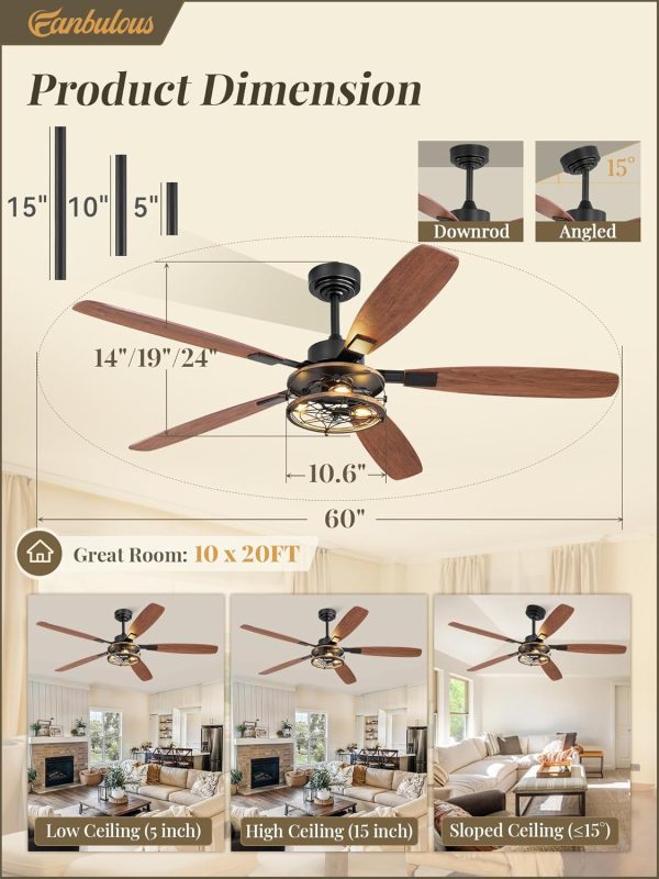 60 Inch Farmhouse Ceiling Fan with Light and Remote, Black Industrial Caged Flush Mount Ceiling Fans with 6 Speed Reversible Motor and Dual Finish 5 Blades, Rustic Ceiling Fan for Living room, Bedroom