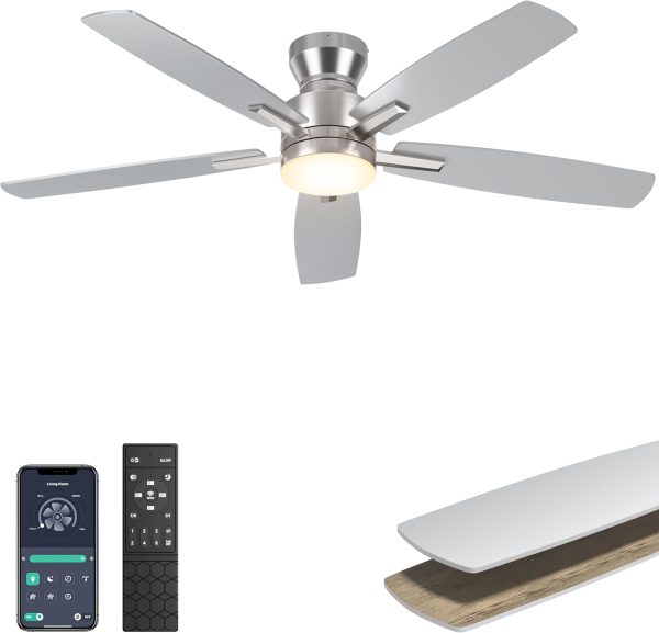 Ceiling Fans with Lights, Low Profile Ceiling Fan with Light and Remote/APP Control, Modern Flush Mount Ceiling Fan for Indoor Bedroom Living Room, Dimmable, Qiuet DC Motor, Silver