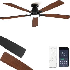 60 inch Ceiling Fans with Lights, Smart Flush Mount Ceiling Fan and Remote APP, Modern Low Profile, 3CCT 20W LED with 6-Speeds Quiet Reversible Motor for Bedroom, Living Room, Kitchen, Black