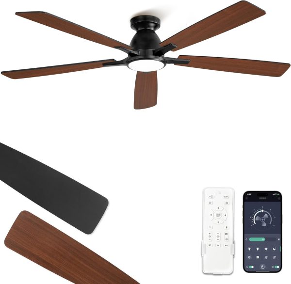60 inch Ceiling Fans with Lights, Smart Flush Mount Ceiling Fan and Remote APP, Modern Low Profile, 3CCT 20W LED with 6-Speeds Quiet Reversible Motor for Bedroom, Living Room, Kitchen, Black