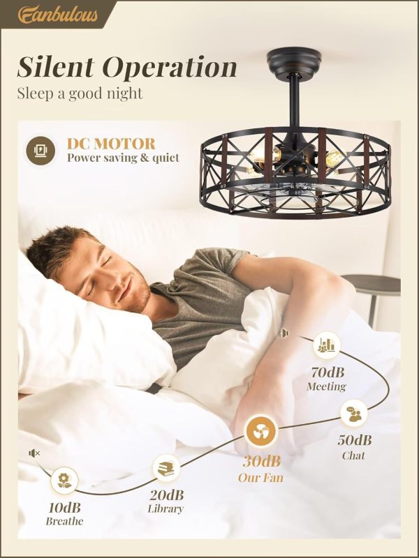 20 Inch Fandelier Caged Ceiling Fans with Lights and Remote, Black Bladeless Ceiling Fan with 6 Speeds and Timing, Farmhouse Samll Fan Lights Ceiling Fixtures for Kitchen, Bedroom-Walnut