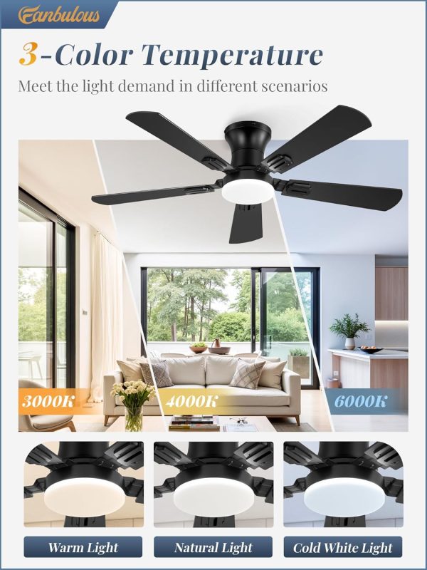 42 Inch Ceiling Fans with Lights and Remote, Low Profile Indoor Black Ceiling Fan with 6 Speeds & 3CCT, Flush Mount, Dual-Finish 5 Blades,Quiet DC Motor for Living Room Bedroom