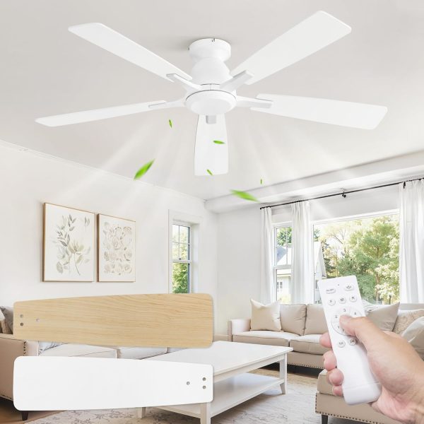52 Inch Flush Mount Ceiling Fan No Light with Remote,White Modern Low Profile Ceiling Fan Without Light,6-Speeds,Quiet Reversible DC Motor,Indoor&Outdoor Ceiling Fans for Bedroom,Living Room