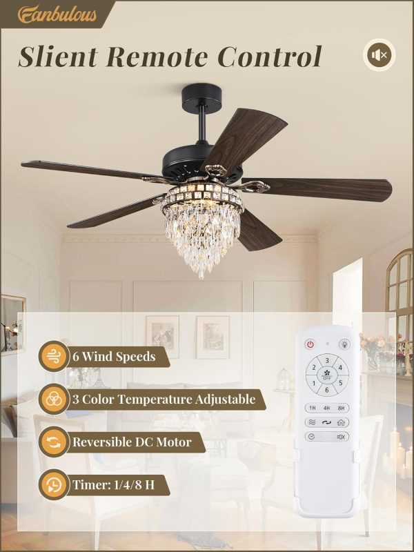 60 Inch Farmhouse Fandelier Ceiling Fans with Light, Crystal Ceiling Fan Chandelier with 6 Speeds, Quiet Reversible Noiseless DC Motor, 3CCT, Indoor Ceiling Fan for Living Room Bedroom