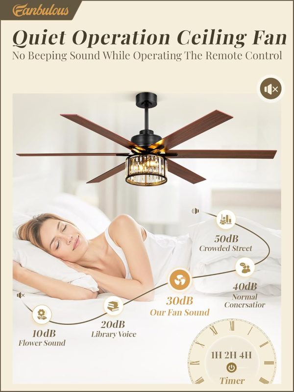 65 Inch Farmhouse Crystal Ceiling Fan with Lights and Remote, Chandelier Ceiling Fan with Quiet Reversible DC Motor, Wood Blades - Ideal for Bedroom