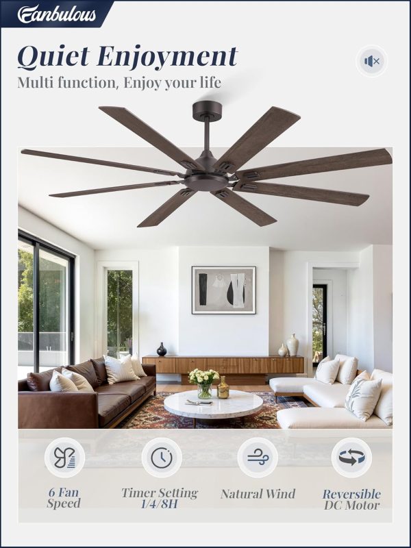 72 Inch Ceiling Fans No Light with Remote, Modern Ceiling Fan Without Light, Dual Finish 8 Blades, Reversible DC Motor, 6 Speed, Large Ceiling Fan for Indoor or Covered Outdoor, Oil Bronze
